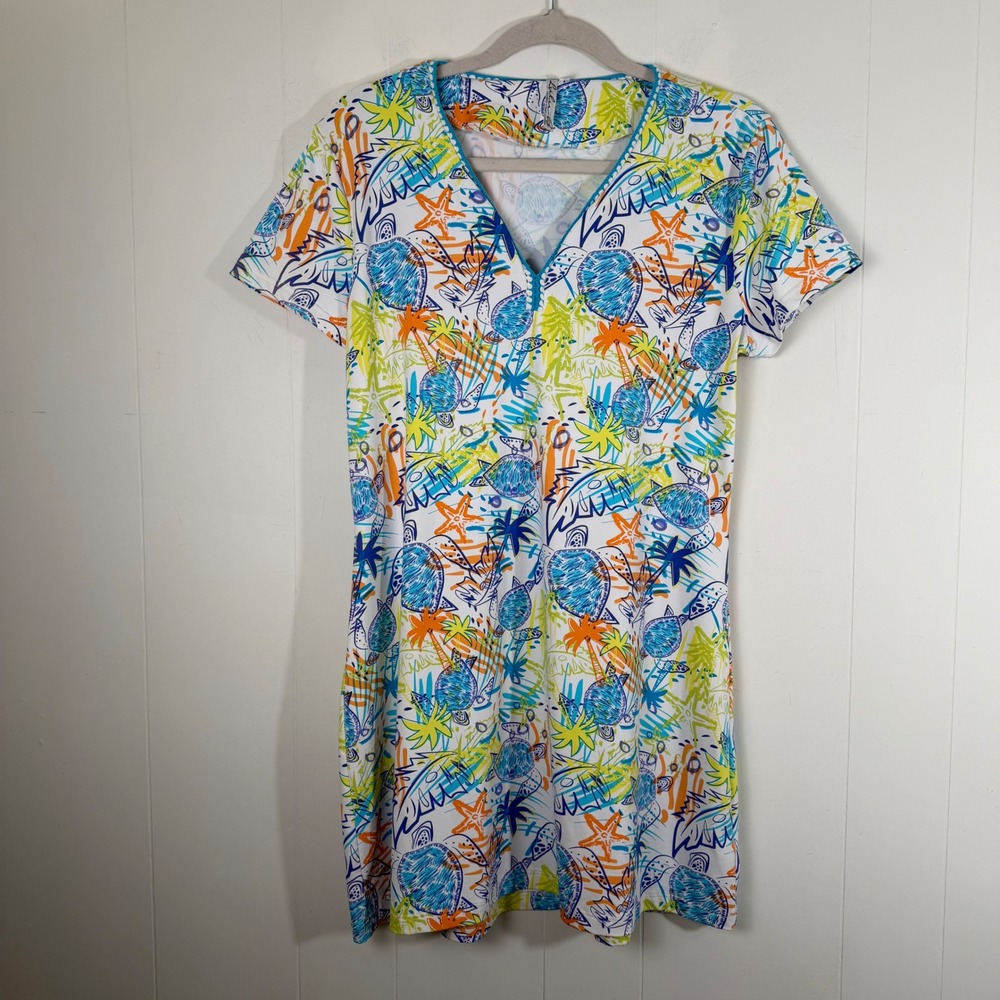 Lulu-B Sea Turtle Starfish Tropical Print Shift Dress Medium Coastal Resort Wear